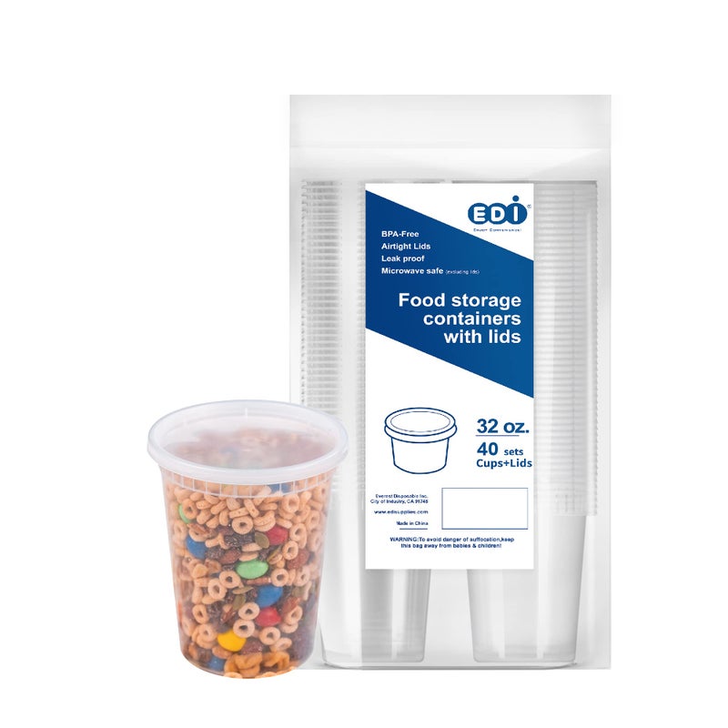 EDI [32 OZ, 40 Sets] Plastic Deli Food Storage Containers with Airtight Lids | Microwave-, Freezer-, Dishwasher-Safe | BPA Free | Heavy-Duty | Meal Prep | Leakproof | Recyclable - Image 1